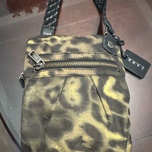 L.A.M.B. Men's Black and Gold Patterned Messenger Bag